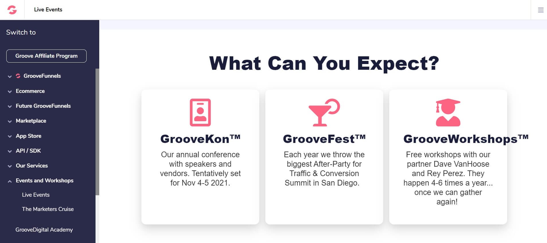 GrooveFunnels, GrooveKon, GrooveFest, and GrooveWorkshops