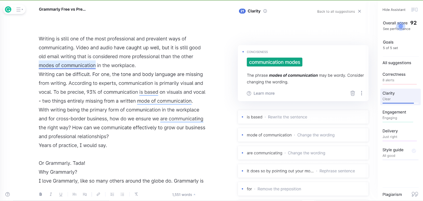 grammarly Sentence Construction and Rewrites