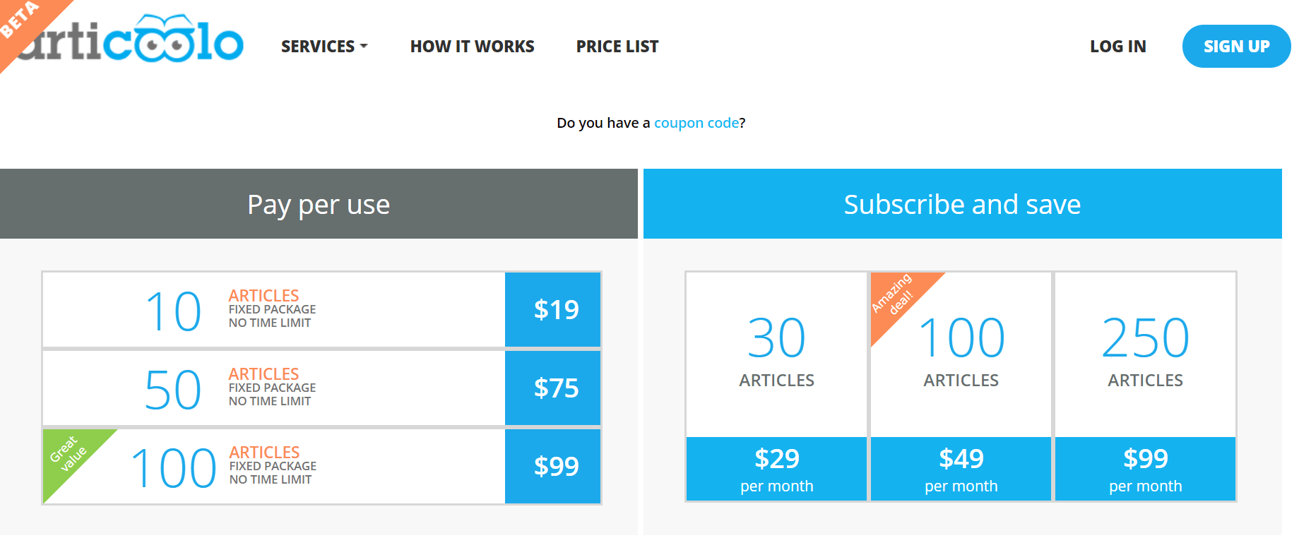 articoloo pricing plans