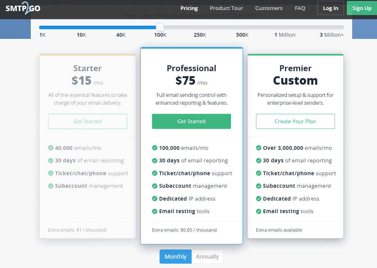 smtp2go pricing plans
